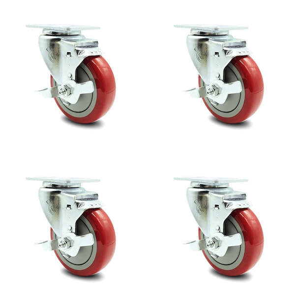 4 Inch Red Polyurethane Wheel Swivel Top Plate Caster Set with Brake SCC
